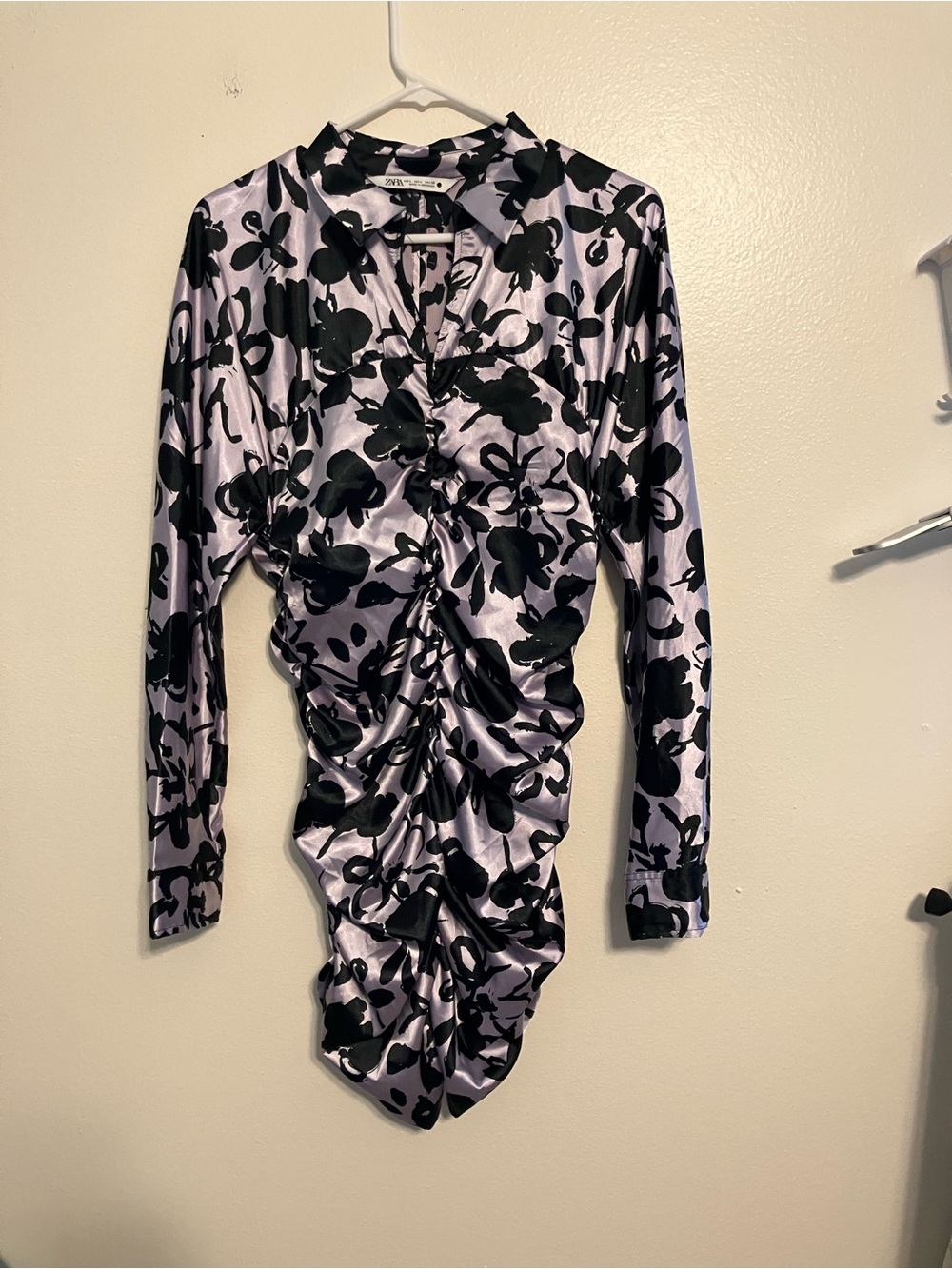 Ruche Lavender Satin Ruched Floral Button-Front Blouse